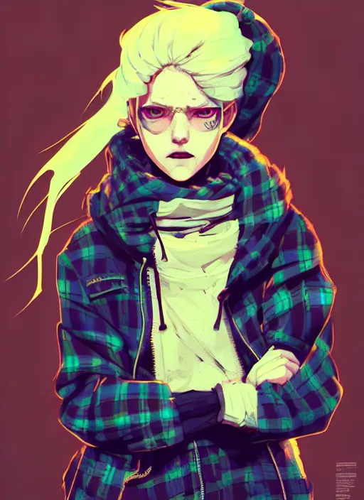 Prompt: highly detailed portrait of a sewer punk lady student, blue eyes, tartan hoodie and scarf, white hair by atey ghailan, by greg rutkowski, by greg tocchini, by james gilleard, by joe fenton, by kaethe butcher, gradient yellow, black, brown and pink color scheme, grunge aesthetic!!! ( ( graffiti tag wall background ) )