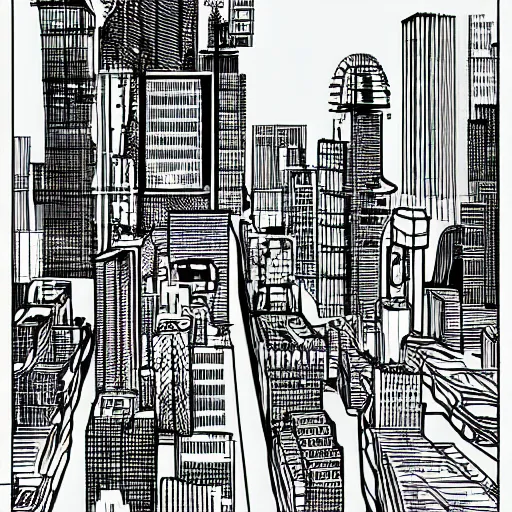 Image similar to decrepit brutalist cityscape vector line art in the style of “ geoff darrow ” black and white 1 6 : 1