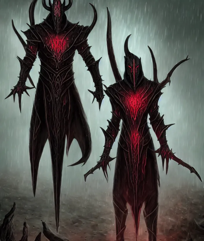 Prompt: A Dark Elf Dunmer wearing Daedric armor and a cowl with glowing red eyes leviates like Vivec in the rain in the Morrowind wetlands, Hyper realism, glow, runes, magic, morrowind, Skywind, Oblivion, Skyrim, dark, gloomy, House Telvanni, grass, trees, swamp, divayth fyr, pointy ears, high cheekbones, portrait, concept art, 4k, macro detail, stride, realistic shadows, mushroom trees, r/skywind, r/morrowind, 4k morrowind concept art, bloom, cosplay