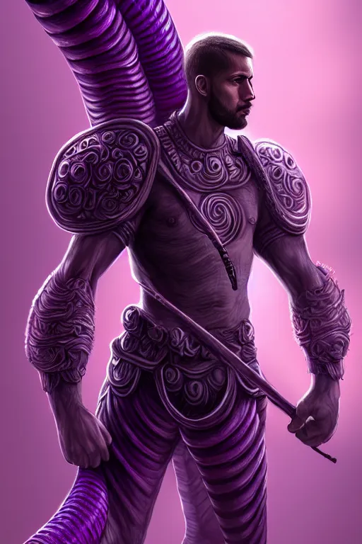 Prompt: male fighter in front of a giant purple worm, fantasy, intricate, elegant, highly detailed, digital painting, artstation, concept art, smooth, sharp focus, illustration, art by Jovan Delic