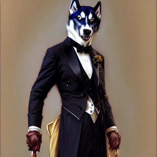 Prompt: beautiful detailed picture of a husky dressed in a tuxedo, intricate, elegant, highly detailed, my rendition, digital painting, artstation, concept art, smooth, sharp focus, illustration, art by artgerm and greg rutkowski and alphonse mucha