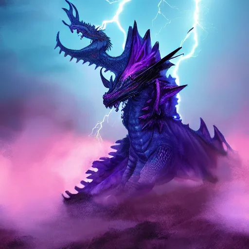 Image similar to mysterious figure with a purple coat and blue crown riding a dragon made of lightning, digital art, 4 k ultra hd, hyper realistic