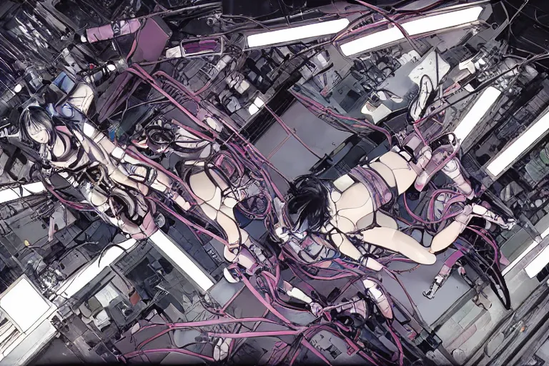 Image similar to a cyberpunk illustration of a group of three female androids in style of masamune shirow, lying on an empty, white floor with their bodies broken scattered rotated in different poses and cables and wires coming out, by yukito kishiro and katsuhiro otomo, hyper-detailed, intricate, view from above