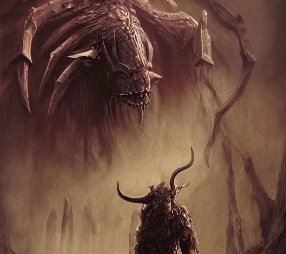 Image similar to minotaur concept, beksinski, wayne barlowe, adrian smith fantasy art, the hobbit art, lord of the ring art, the witcher concept art, trending on artstation, game of throne art