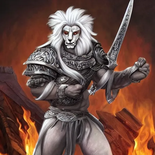 Image similar to Lionman with white hair walking away from a burning city, full body art, wielding a longsword with blue gemstones lining the blade, Painted By Anne Stokes, Dim Lighting