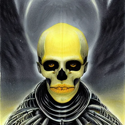 Prompt: ( ( ( head and shoulders portrait of a skeletal yellow skinned bald githyanki warrior in a breastplate, floating in the astral plane ) ) ), dave mckean, hr giger, peter mohrbacher, d & d, fantasy, medieval