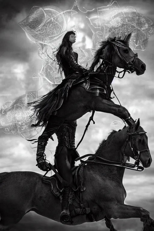 Prompt: self - transforming machine - elf riding horse and holding chalice in the style of nordic noir television, dmt fractal, moody photography, grayscale, double exposure, knight of cups, etteilla tarot