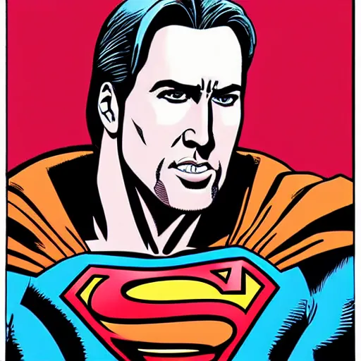 Image similar to Nicholas Cage as Superman comic book. Detailed face Marvel comics art style. Halftone