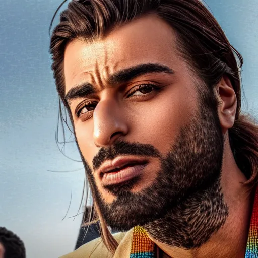 Image similar to close - up of an attractive kurdish singer in a movie directed by christopher nolan, movie still frame, promotional image, imax 7 0 mm footage