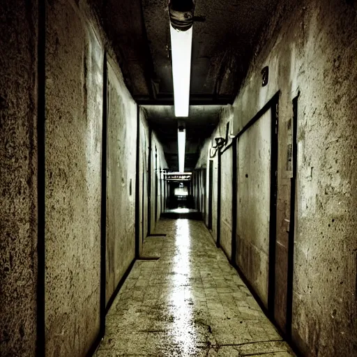 Prompt: underground facility, scp, horror, corridor, dark, futuristic, polaroid photgraphy