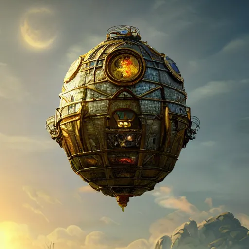 Prompt: enormous flying city in a gigantic faberge egg, sky, steampunk, flying islands, fantasy art, unreal engine,