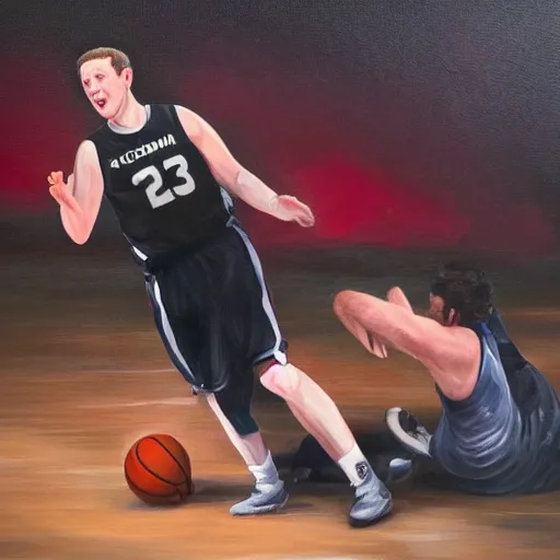 Prompt: Oil painting with dramatic lighting of Mark Zuckerberg losing at basketball