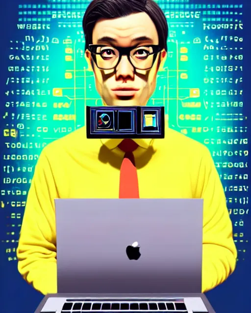 Image similar to richly detailed color illustration of a nerd-using-a-computer-to-crack-the-code surrounded by technology illustrated by Artgerm and Mina Petrovic and Timothy Kong and Marina Federovna. 3D shadowing