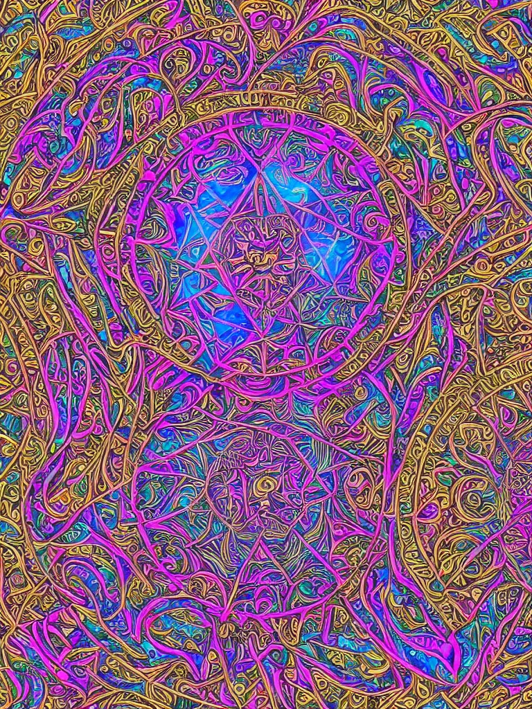Prompt: a Symmetrical geometric photo realistic psychedelic mandala made from cybernetic structures With astrological details, brightly colored with a central focus , intricate lines and very detailed patterns made of metallic structures morphing into infinity , Alex grey and 70’s rock poster styling 3d