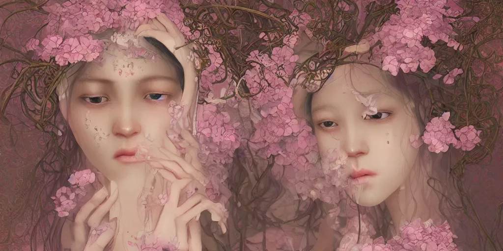 Image similar to breathtaking detailed weird concept art painting of few goddesses of light pink flowers, orthodox saint, with anxious, piercing eyes, ornate background, amalgamation of leaves and flowers, by Hsiao-Ron Cheng, extremely moody lighting, 8K