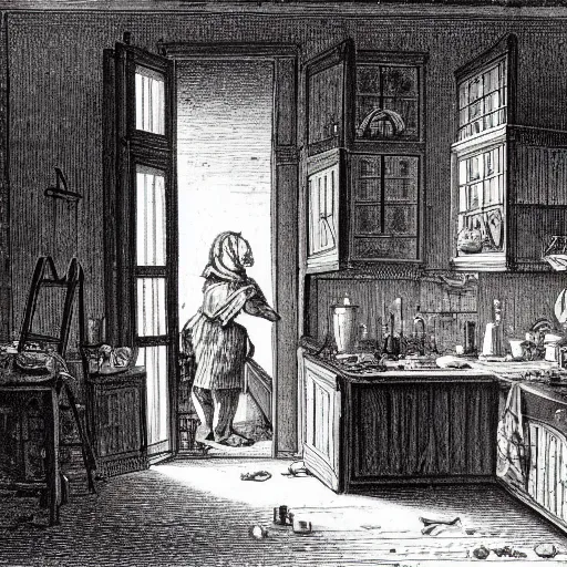 Image similar to kitchen of an abandonded house, illustration by Gustav Doré