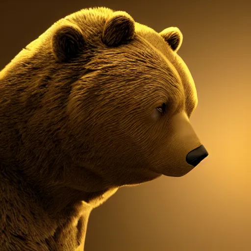 Prompt: gold bear, unreal engine 5, realistic, dark, moody, godrays, 8k