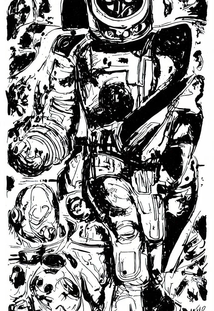 Prompt: male, heroic figure, space suit with a modern helmet, science fiction, sketch, character sheet, very stylized, upa style, digital art, illustration, pen and ink, digital painting, by mike mignola, by alex maleev