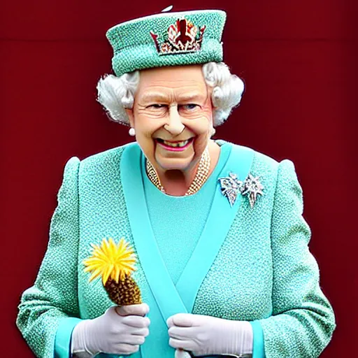 Image similar to the queen of england with a pineapple as a crown with jewels