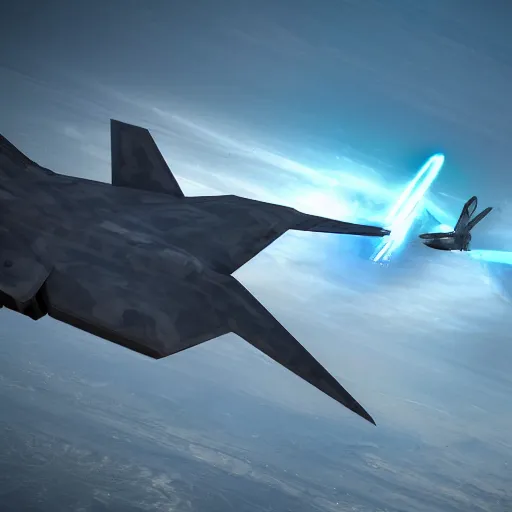 Image similar to Epic aerial dogfight between F-22 raptor and an alien spaceship, sci-fi art, 8k