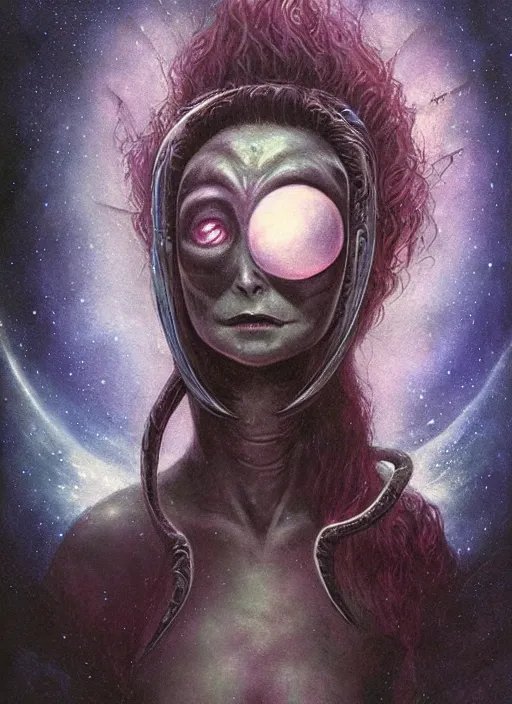 Image similar to portrait of female space goblin, night sky background, beautiful! coherent! by brom, by brian froud, deep color, strong line, high contrast