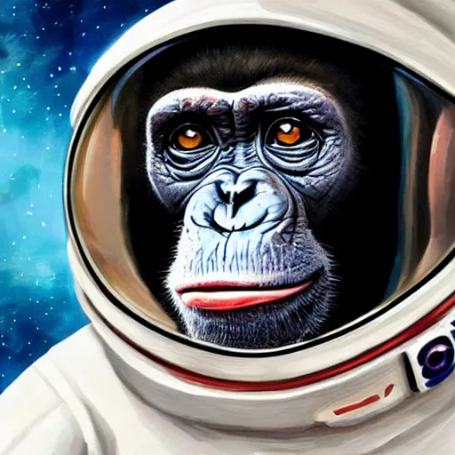 Image similar to a chimpanzee in a space suit, black hole reflecting in its visor, portrait, highly detailed, digital painting, artstation, concept art, sharp focus, illustration