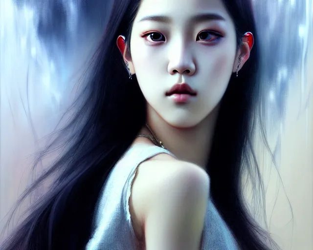 Image similar to jisoo from blackpink, portrait, hyperrealistic, highly detailed, deep focus, elegant, digital painting, smooth, sharp focus, illustration, ultra realistic, 8 k, art by karol bak and agnes cecile