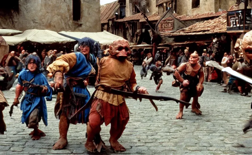 Prompt: movie still: goblins attack a medieval marketplace, by David Bailey, Cinestill 800t 50mm eastmancolor, heavy grainy picture, very detailed, high quality, 4k, HD criterion, precise texture and poses