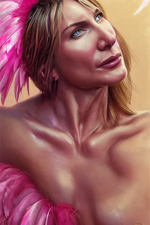 Image similar to muscled Cameron Diaz as a ruggedly handsome hero wearing pink feathers, intricate, elegant, tasteful, highly detailed, centered, digital painting, artstation, concept art, smooth, sharp focus, illustration, art by artgerm and donato giancola and Joseph Christian Leyendecker, WLOP