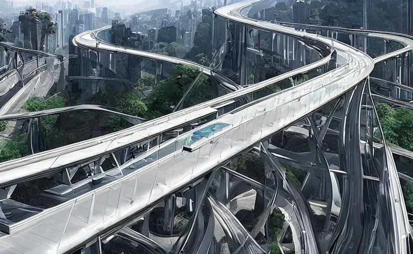 Image similar to valley of chrome, futuristic car driving on elevated highway