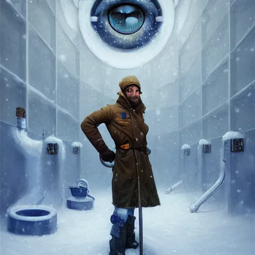 Image similar to beautiful snow - covered plumber posing in museum, half - length portrait, perfect symmetrical eyes, cinematic by peter mohrbacher, detailed, hyperrealism