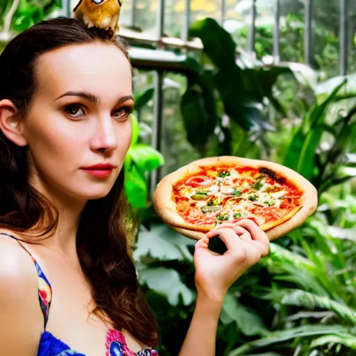 Image similar to close up portrait of beautiful woman wearing a pizza in a tropical greenhouse with an owl on her shoulder, bokeh, cinematic colors