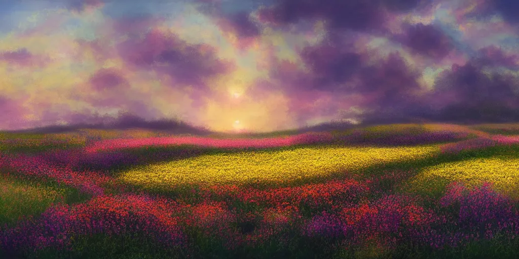 Prompt: landscape, flowers field. golden hour. pastel colors. matte painting, 4k