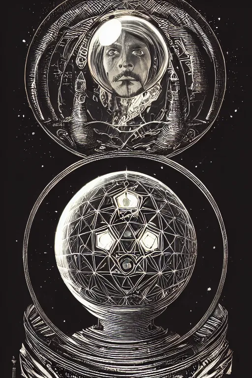 Image similar to cloaked steampunk wizard looking into a crystal ball, high details, intricately detailed, by vincent di fate, inking, 3 color screen print, masterpiece, trending on artstation,, sharp, details, hyper - detailed, hd, 4 k, 8 k