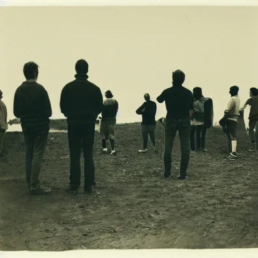 Prompt: photograph of people worried about the object in the horizon