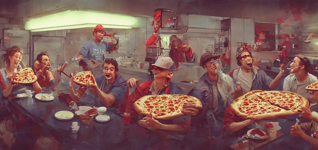 Image similar to !dream oil rig workers eating a pizza, 80s style, smiling maniacally, 8k, james gurney, greg rutkowski, john howe, artstation