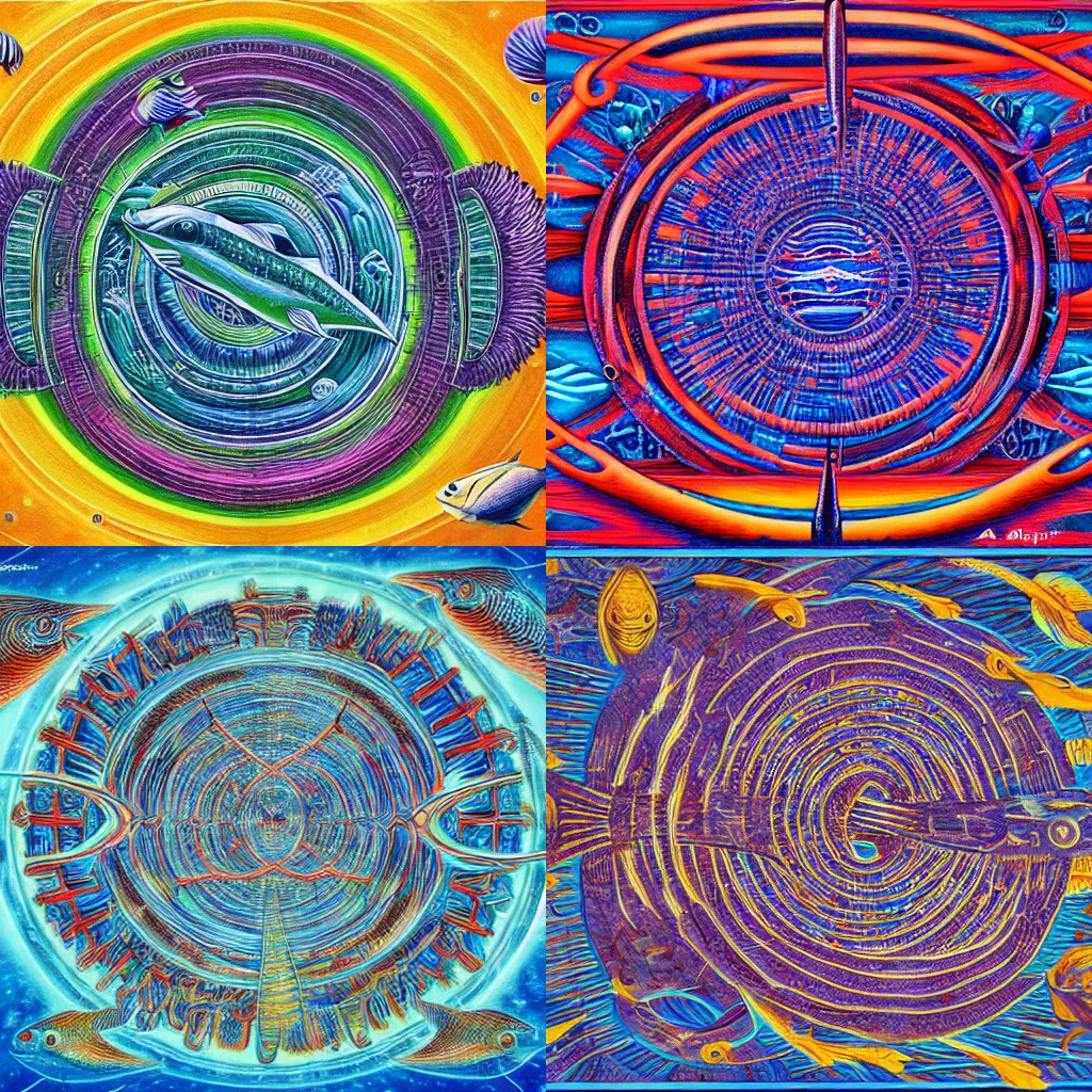 Prompt: an ancient fish civilization being colonized by astronauts, alex grey art piece, 8k