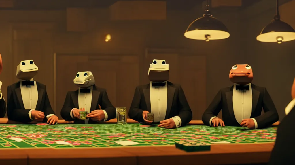 Prompt: hyperrealism simulation highly detailed human turtles'wearing detailed tuxedos and smoking, playing poker in surreal scene from minecraft movie from future by wes anderson and denis villeneuve and mike winkelmann rendered in blender and octane render