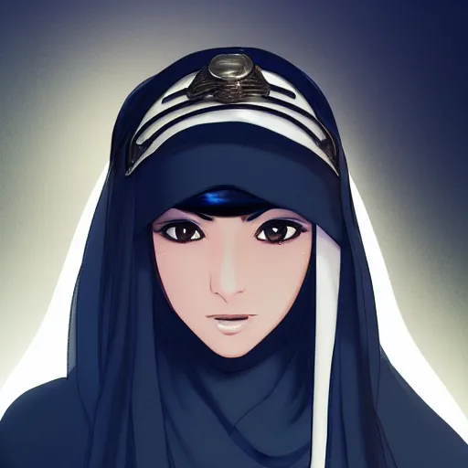 Image similar to arab Ameera al-Taweel, maiden, bright blue eyes, black hair, simple white veil, by beeple, studio ghibli, wallpaper, highly detailed, trending on artstation