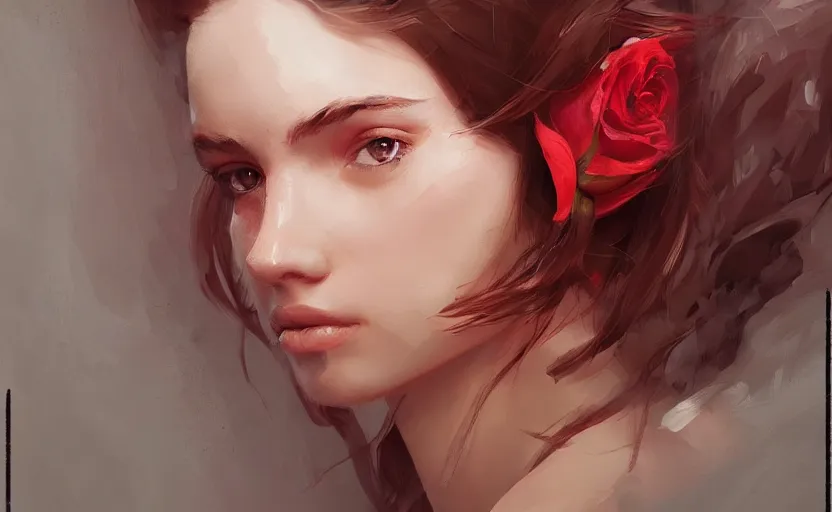 Prompt: a painting of virtualrose trending on artstation in the style of greg rutkowski, beautiful, young female, sensual, natural skin, brown hair, red rose