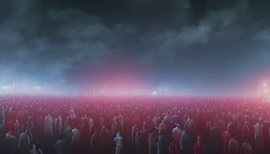 Image similar to painting of a crowd with extended arms towards glowing sky, volumetric lighting, nasty, hyperdetailed, realistic