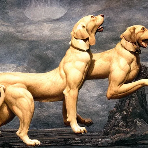 Image similar to hyperdetailed matte art of a three headed dog cerberus by william blake, greg rutkowski, amano, rene magritte, craig mullins, three headed dog cerberus, details