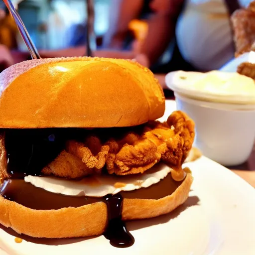 Prompt: fried chicken sandwich with Belgian Waffle Bun, maple syrup & hot fudge, ice cream on the side, 4K, HD