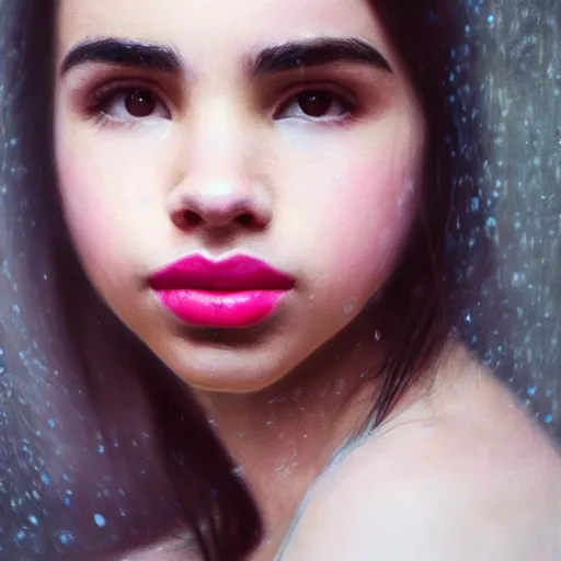 Image similar to cinematic portrait of sofia carson, perfect face, neon rain, delicate, elegant, by alyssa monks, highly detailed, symmetrical face, fine details, masterpiece, trending on artstation