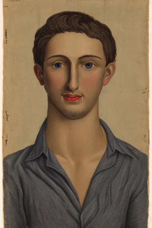 Prompt: A portrait en buste of a man in his twenties, soft round features, oval face, warm skin tone, blue grey eyes, short length wavy dark blond hair, kind smile, bags under eyes, slight stubble, thin lips, wearing a textured ochre cotton dress shirt rolled at the elbows, fauvisme, art du XIXe siècle, figurative oil on canvas by André Derain, Albert Marquet, Auguste Herbin, Louis Valtat, Musée d'Orsay catalogue