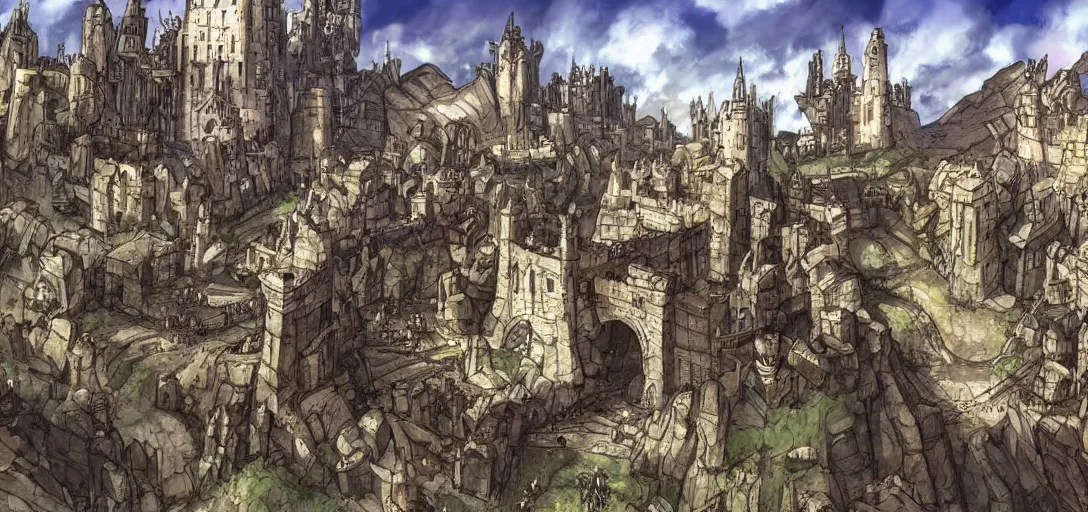 Image similar to huge medieval city, interesting rocky shaped terrain, digital art, full metal alchemist, art by craign mullin