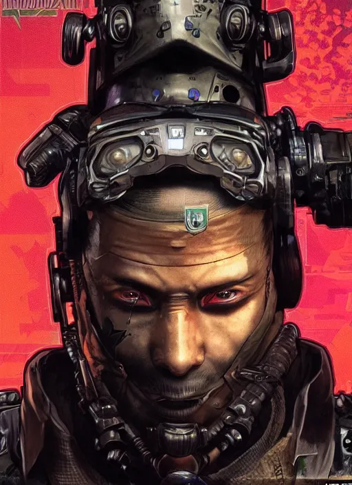 Image similar to cyberpunk blackops ninja. night vision. katana. portrait by ashley wood and alphonse mucha and laurie greasley and josan gonzalez and james gurney. spliner cell, apex legends, rb 6 s, hl 2, d & d, cyberpunk 2 0 7 7. realistic face. dystopian setting.