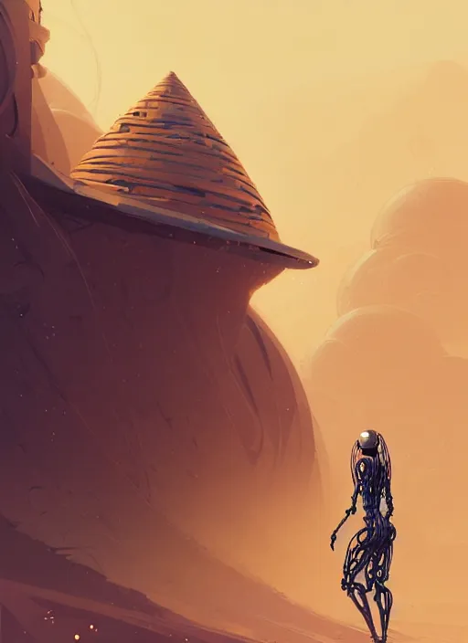 Image similar to highly detailed portrait of a robotic cyborg long curly white hair nomadic tribal lady, stray wiring, emerging from sand by atey ghailan, james gilleard, by joe fenton, by greg rutkowski, by greg tocchini, by kaethe butcher, 4 k resolution, gradient yellow, black and white color scheme!!! ( ( robotic sandstorm robotic pyramid landscape background ) )