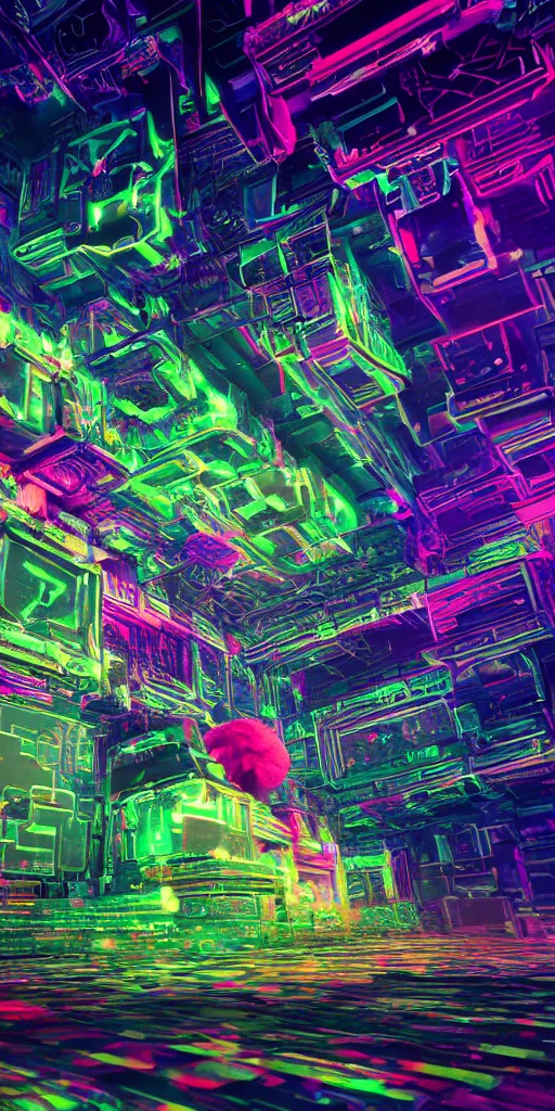 Image similar to impossibly beautiful monolithic shrine to technology that extends to the heavens, intricate complexity, psychedelic glitch art, neon paint drip, inverted color scheme, trending on art station, photoreal, 8 k, octane render