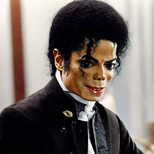 Image similar to michael jackson with a huge chin playing the villain, set in a period drama